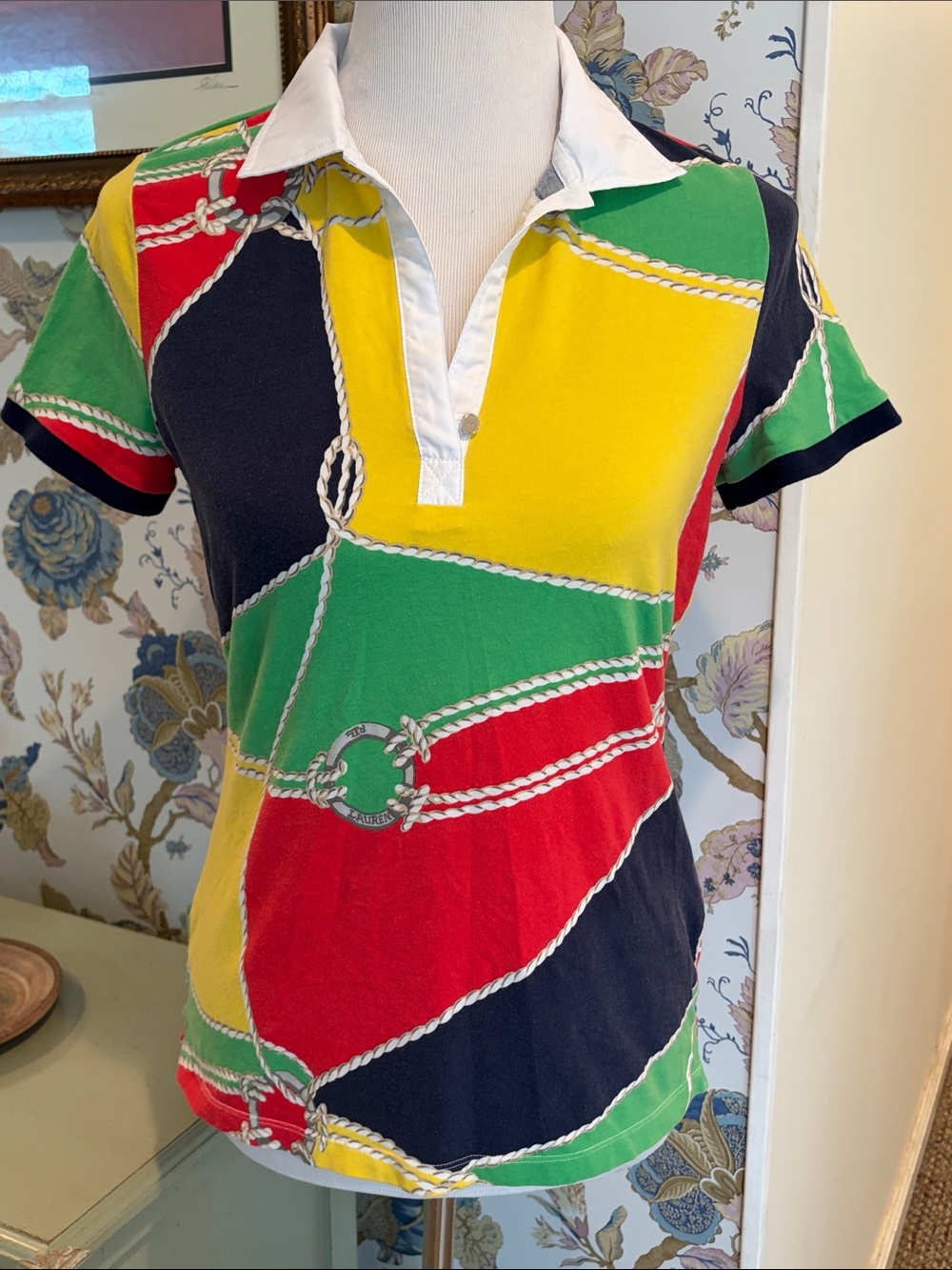 Vintage Ralph Lauren Active Colorblock Rope-Print Polo Top